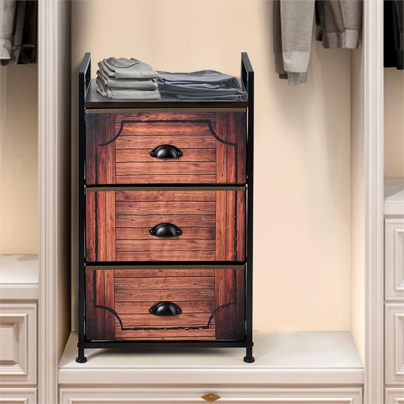 Costway 3-drawer Steel and MDF Dresser Storage Tower in Brown and Black