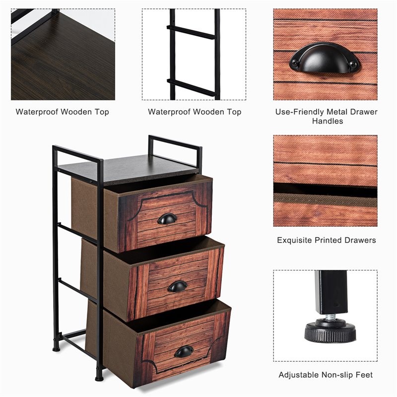 Costway 3-drawer Steel and MDF Dresser Storage Tower in Brown and Black