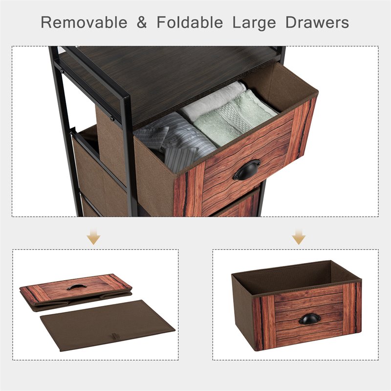Costway 3-drawer Steel and MDF Dresser Storage Tower in Brown and Black