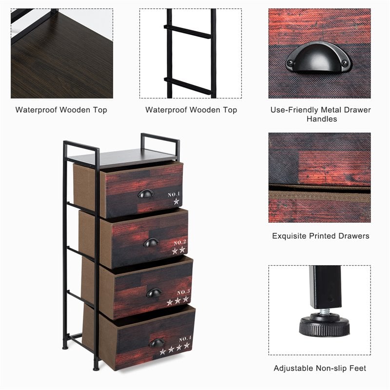 Costway 4-drawer Steel and MDF Dresser Storage Tower in Brown and Black