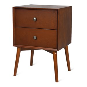 costway 2-drawer contemporary mdf and rubber wood nightstand in brown