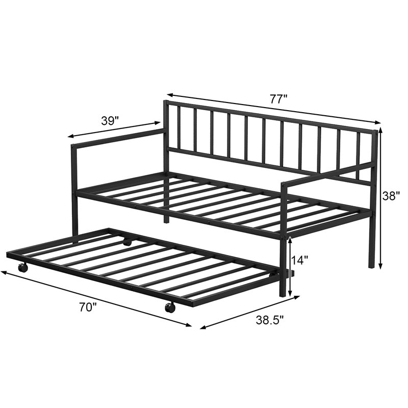Costway Steel and MDF Twin Trundle Platform Daybed with 4 Casters in Black