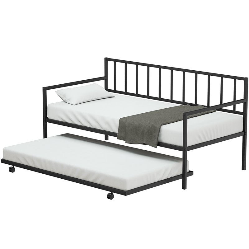 Costway Steel and MDF Twin Trundle Platform Daybed with 4 Casters in Black