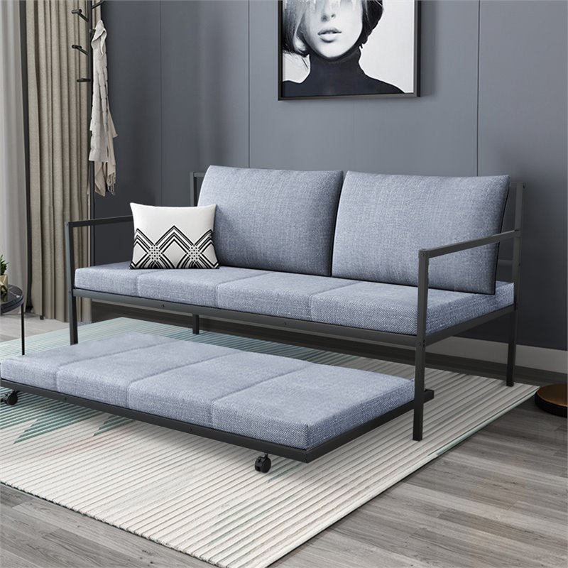 Costway Steel and MDF Twin Trundle Platform Daybed with 4 Casters in Black