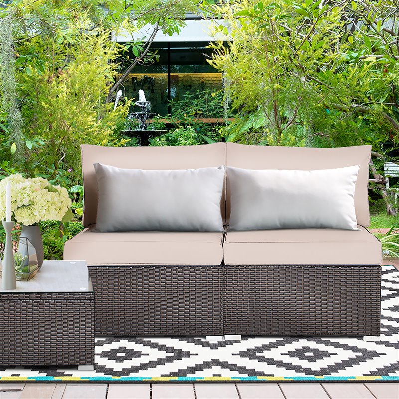 Costway 2-piece Rattan Patio Armless Sofa Furniture Set w/ Cushion in Brown