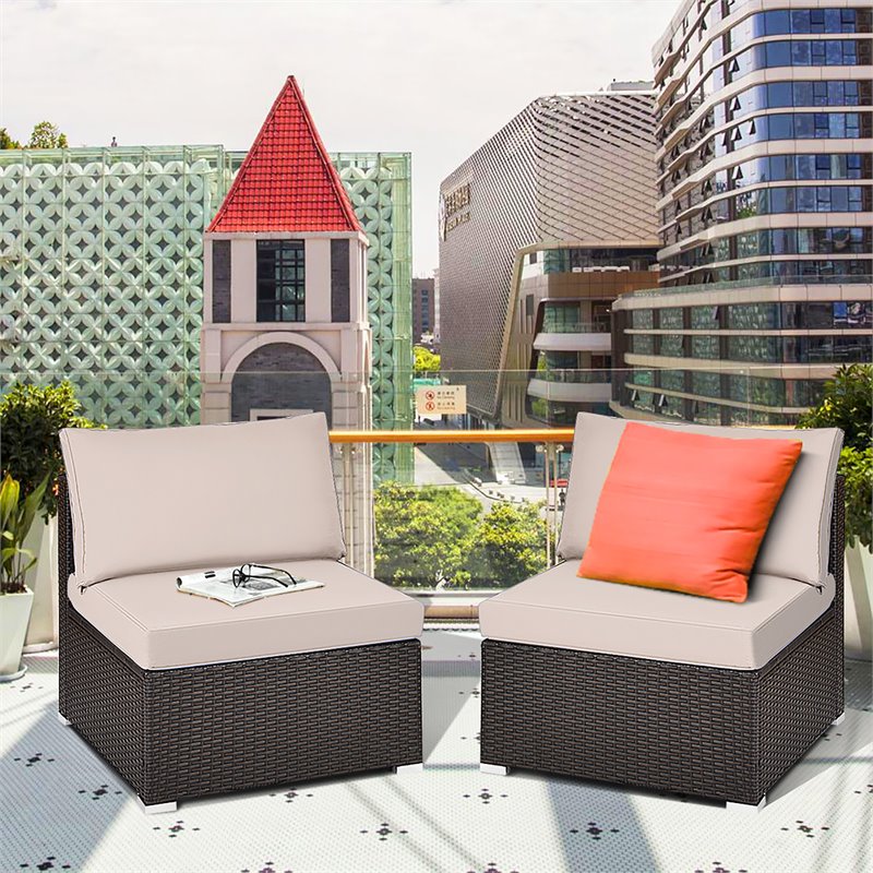 Costway 2-piece Rattan Patio Armless Sofa Furniture Set w/ Cushion in Brown