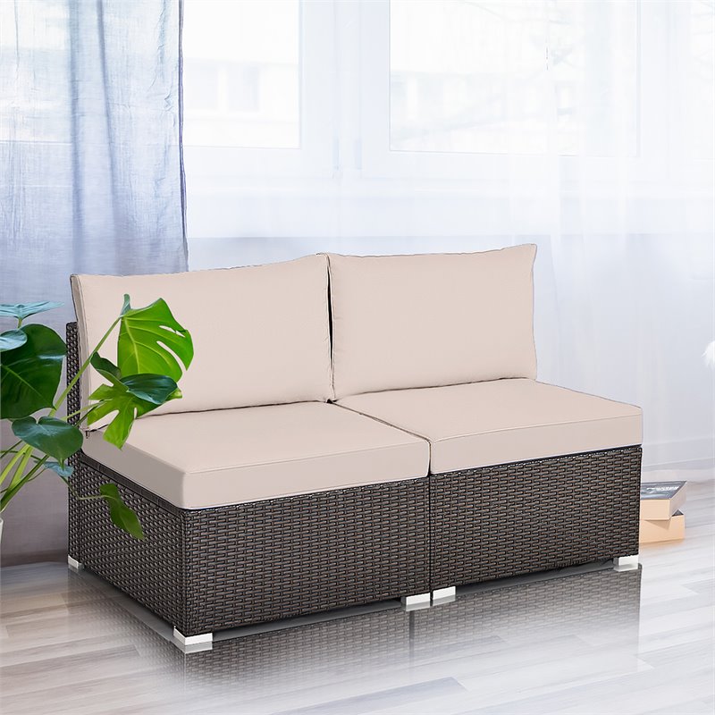 Costway 2-piece Rattan Patio Armless Sofa Furniture Set w/ Cushion in Brown