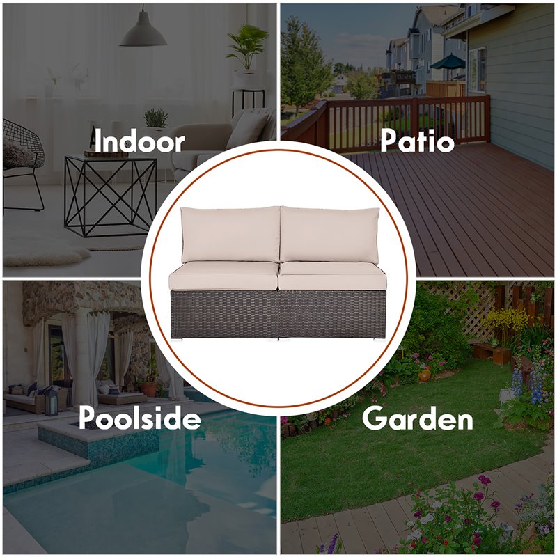 Costway 2-piece Rattan Patio Armless Sofa Furniture Set w/ Cushion in Brown