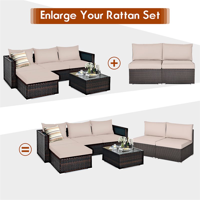 Costway 2-piece Rattan Patio Armless Sofa Furniture Set w/ Cushion in Brown