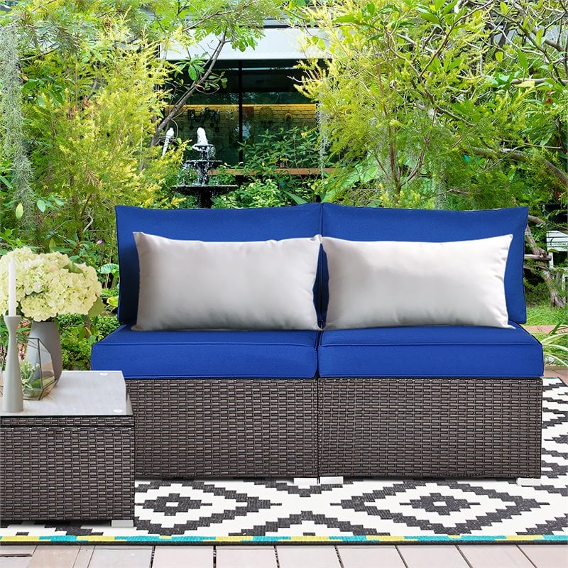 Costway 2-piece Rattan Patio Armless Sofa Furniture Set with Cushion in Navy