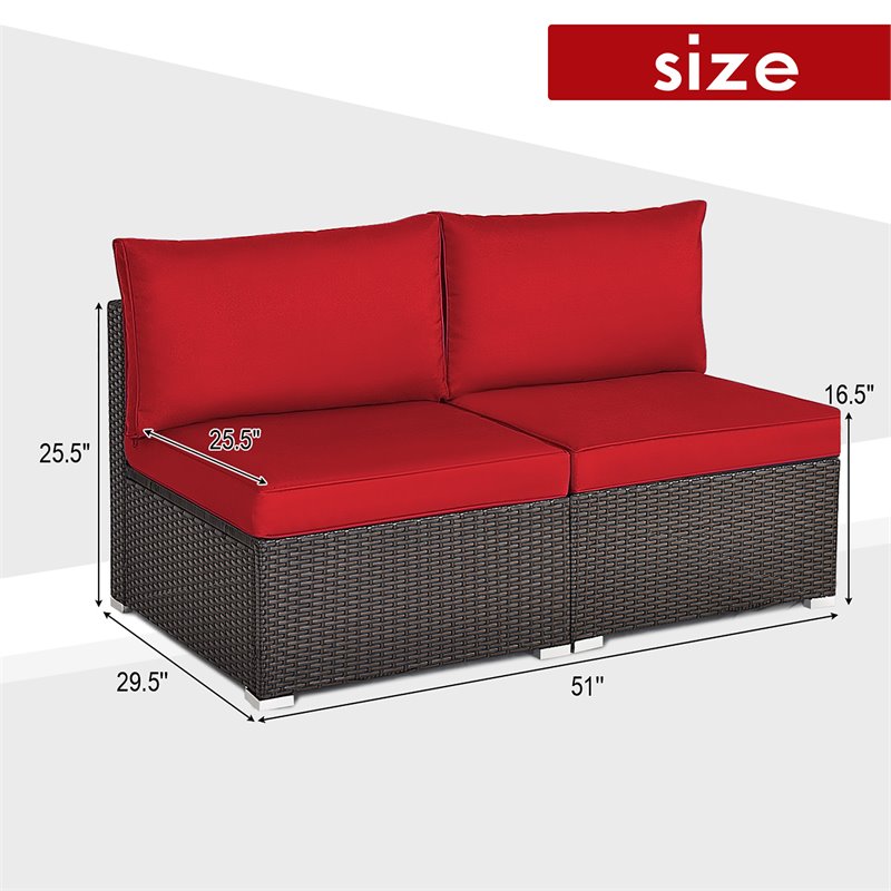 Costway 2-piece Rattan Patio Armless Sofa Furniture Set with Cushion in Red