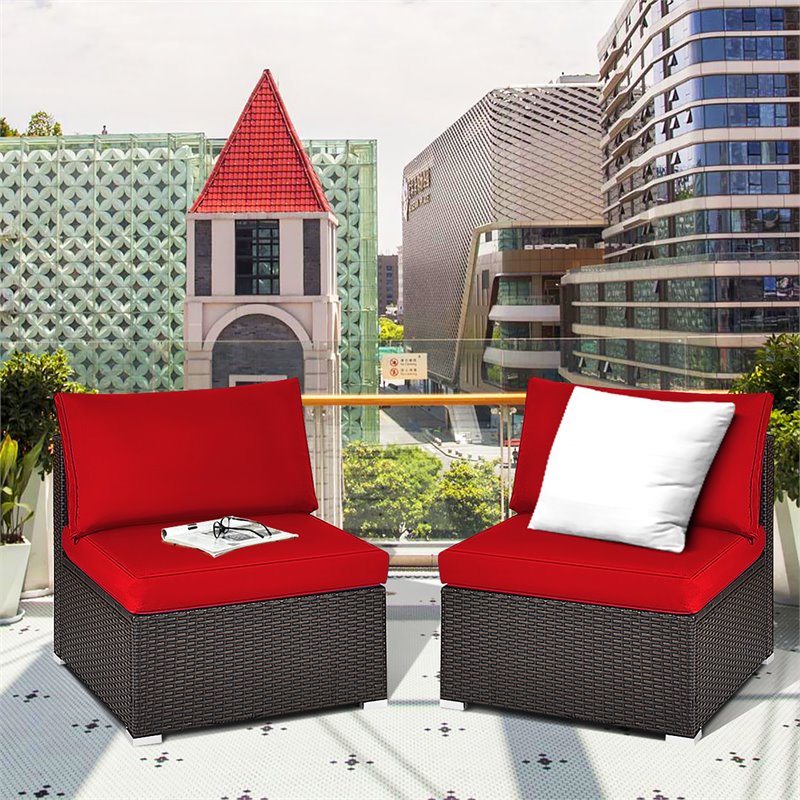 Costway 2-piece Rattan Patio Armless Sofa Furniture Set with Cushion in Red