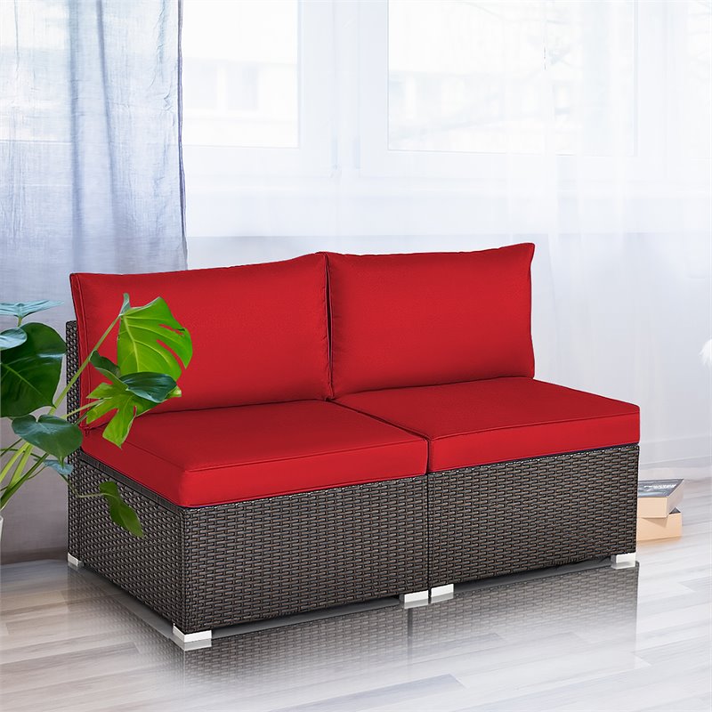 Costway 2-piece Rattan Patio Armless Sofa Furniture Set with Cushion in Red