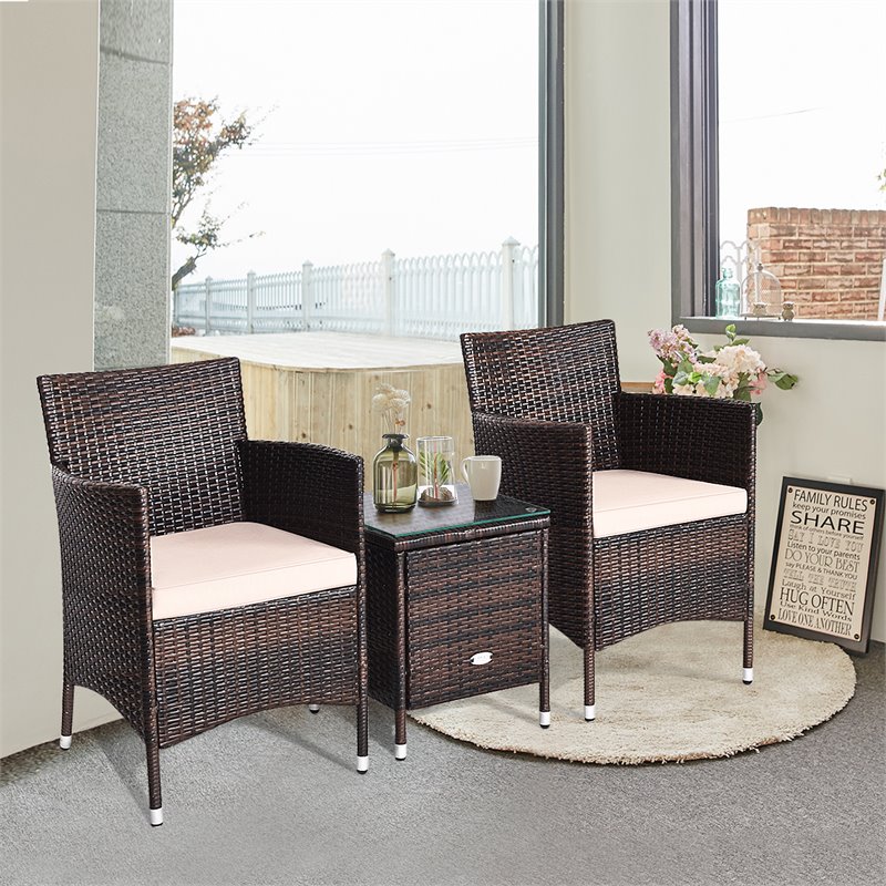 Costway 3-piece PE Rattan Outdoor Wicker Furniture Sets Chairs in Beige