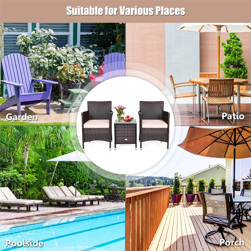 Costway 3-piece PE Rattan Outdoor Wicker Furniture Sets Chairs in Beige