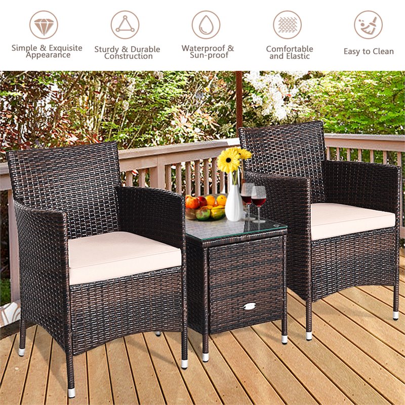 Costway 3-piece PE Rattan Outdoor Wicker Furniture Sets Chairs in Beige