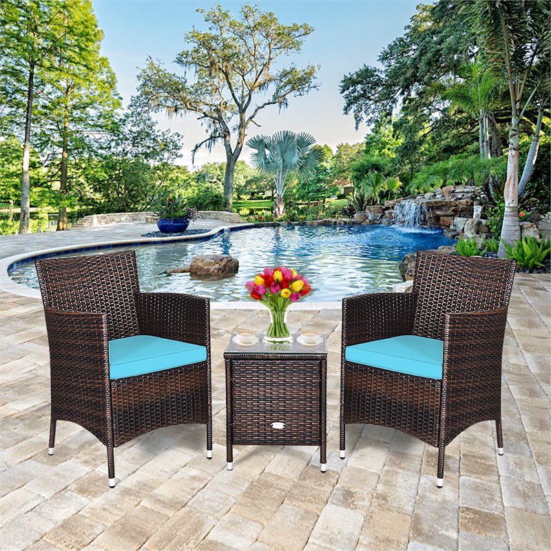 Costway 3-piece PE Rattan Outdoor Wicker Furniture Sets Chairs in Blue