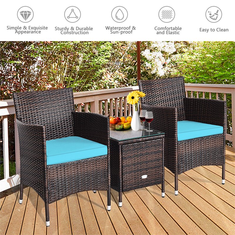 Costway 3-piece PE Rattan Outdoor Wicker Furniture Sets Chairs in Blue