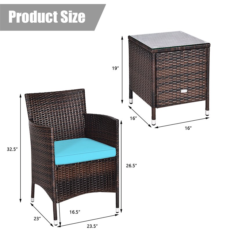 Costway 3-piece PE Rattan Outdoor Wicker Furniture Sets Chairs in Blue