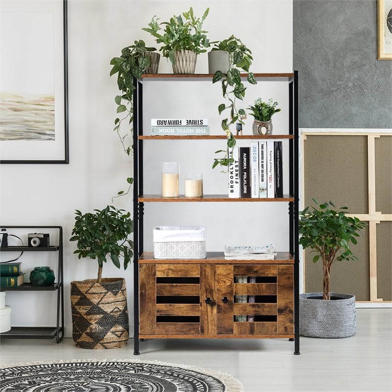 Costway MDF and Steel Bathroom Bookcase with 4 Tier Shelves in Brown and Black
