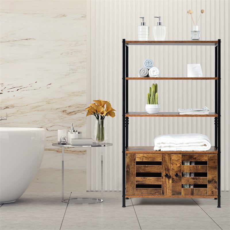 Costway MDF and Steel Bathroom Bookcase with 4 Tier Shelves in Brown and Black