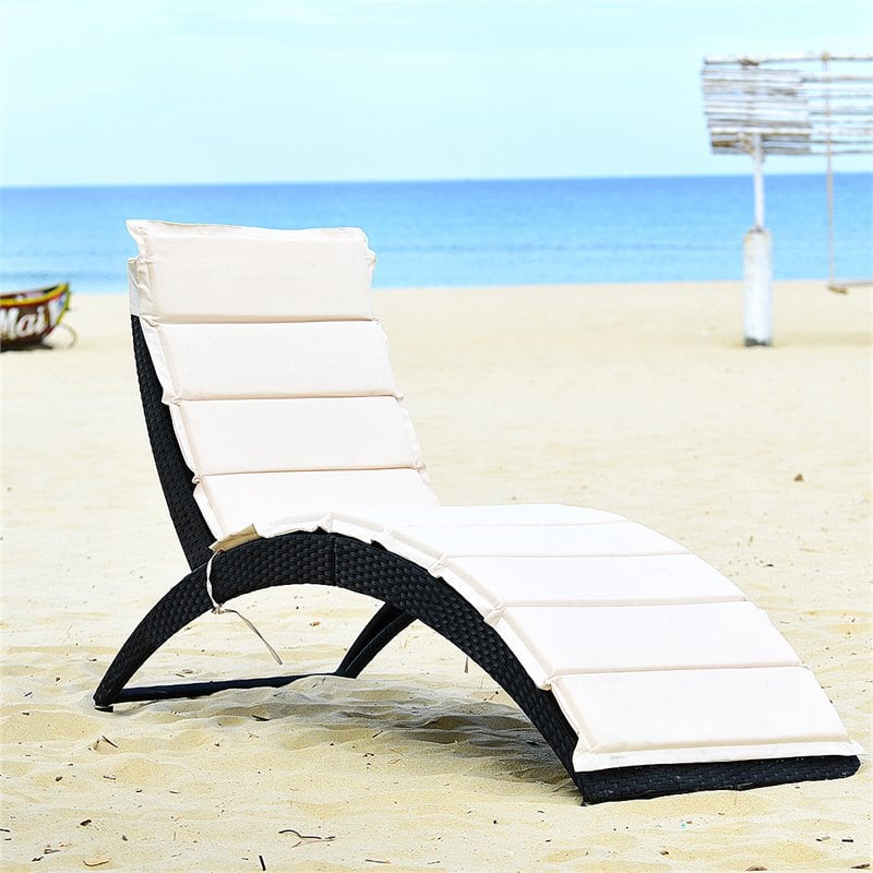 Costway Rattan Cushioned Portable Folding Patio Lounge Chair in Black
