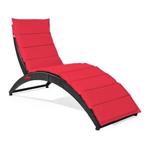 Costway Rattan Cushioned Portable Folding Patio Lounge Chair in Red