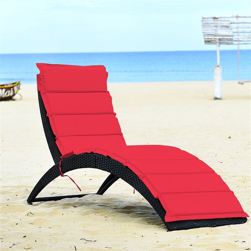 Costway Rattan Cushioned Portable Folding Patio Lounge Chair in Red