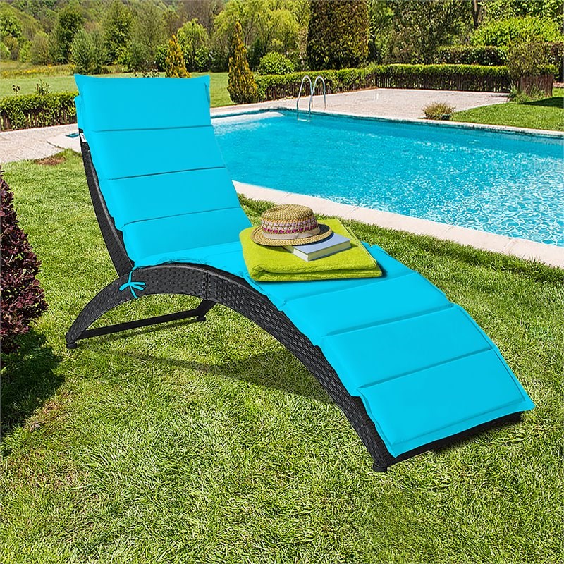Costway Rattan Cushioned Portable Folding Patio Lounge Chair in Turquoise