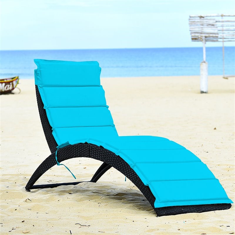 Costway Rattan Cushioned Portable Folding Patio Lounge Chair in Turquoise