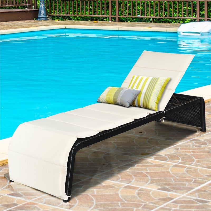 Costway Rattan Adjustable Cushioned Back Patio Lounge Chair in White