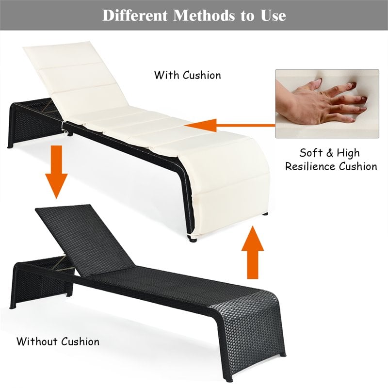 Costway Rattan Adjustable Cushioned Back Patio Lounge Chair in White