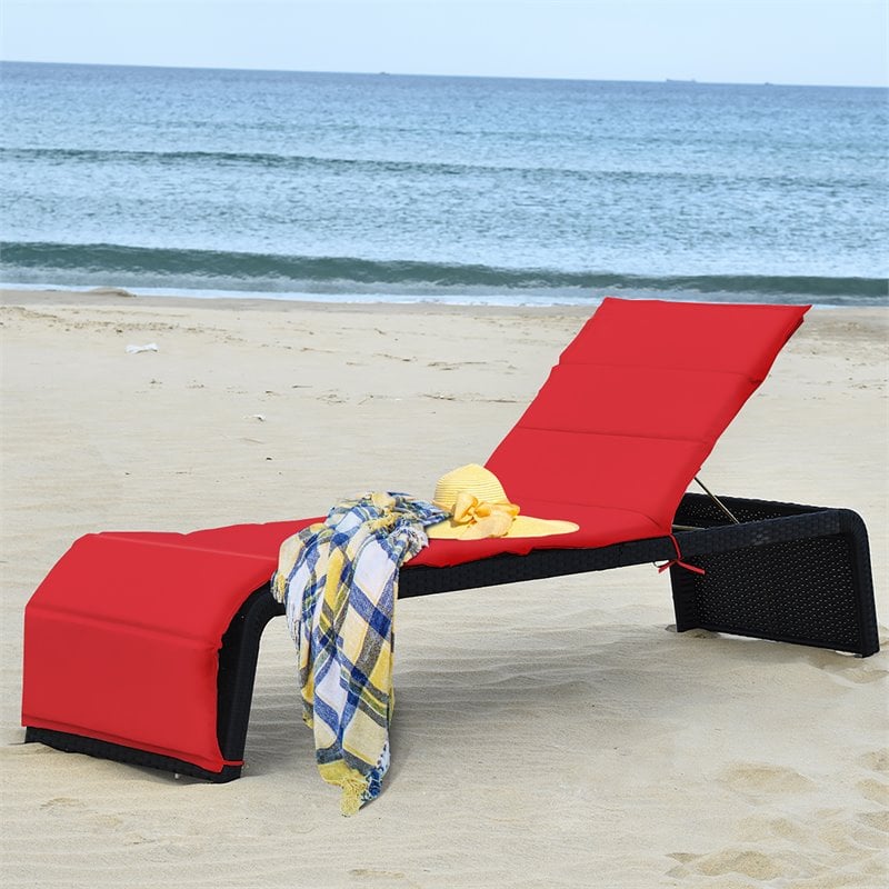 Costway Rattan Adjustable Cushioned Back Patio Lounge Chair in Red