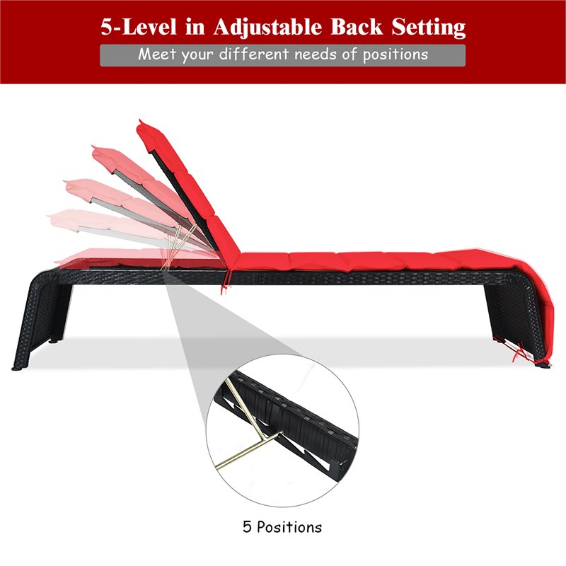 Costway Rattan Adjustable Cushioned Back Patio Lounge Chair in Red