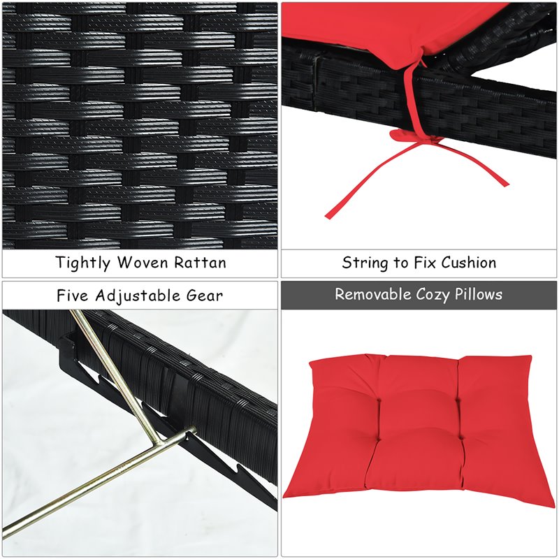 Costway Rattan Adjustable Cushioned Back Patio Lounge Chair in Red