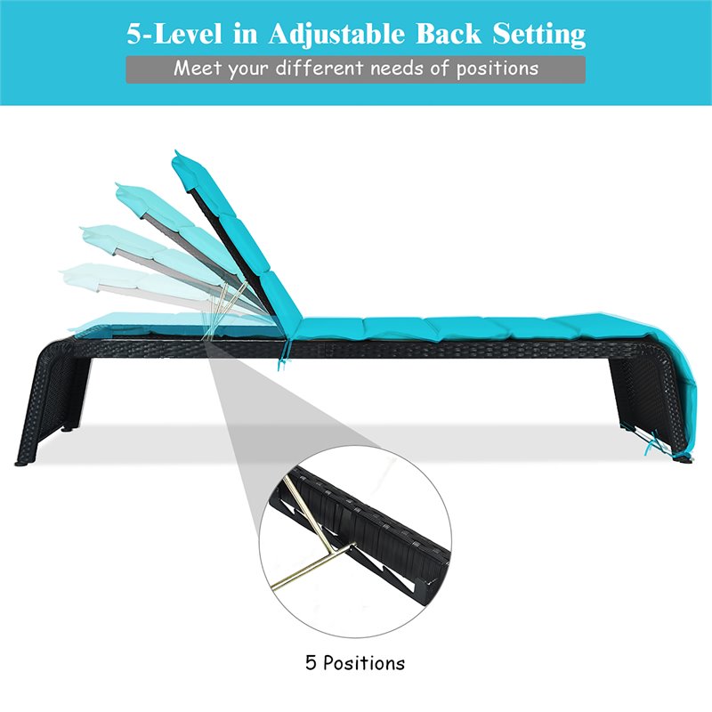 Costway Rattan Adjustable Cushioned Back Patio Lounge Chair in Turquoise