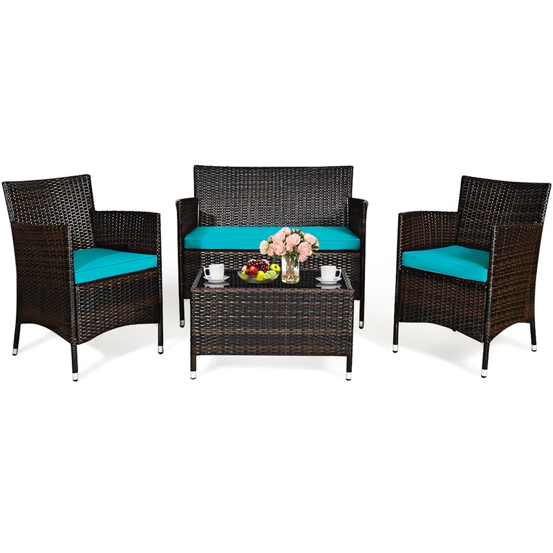 Costway 4-piece Rattan Patio Furniture Set with Sofa Chair in Turquoise