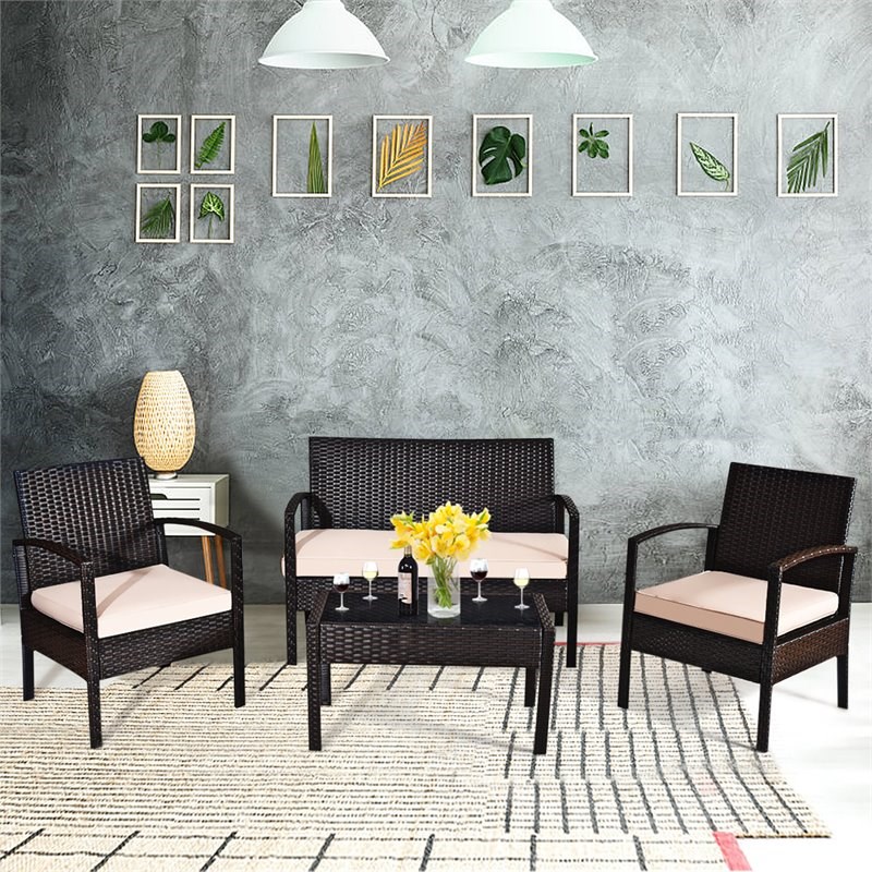 Costway 4 piece PE Rattan Patio Furniture Set with Cushioned Seat in Brown