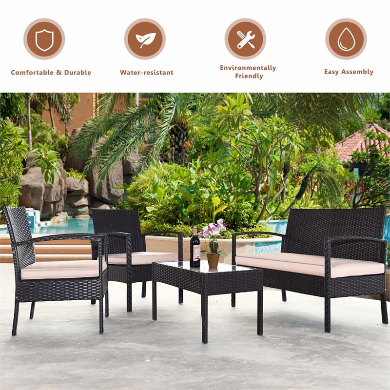 Costway 4-piece PE Rattan Patio Furniture Set with Cushioned Seat in Brown
