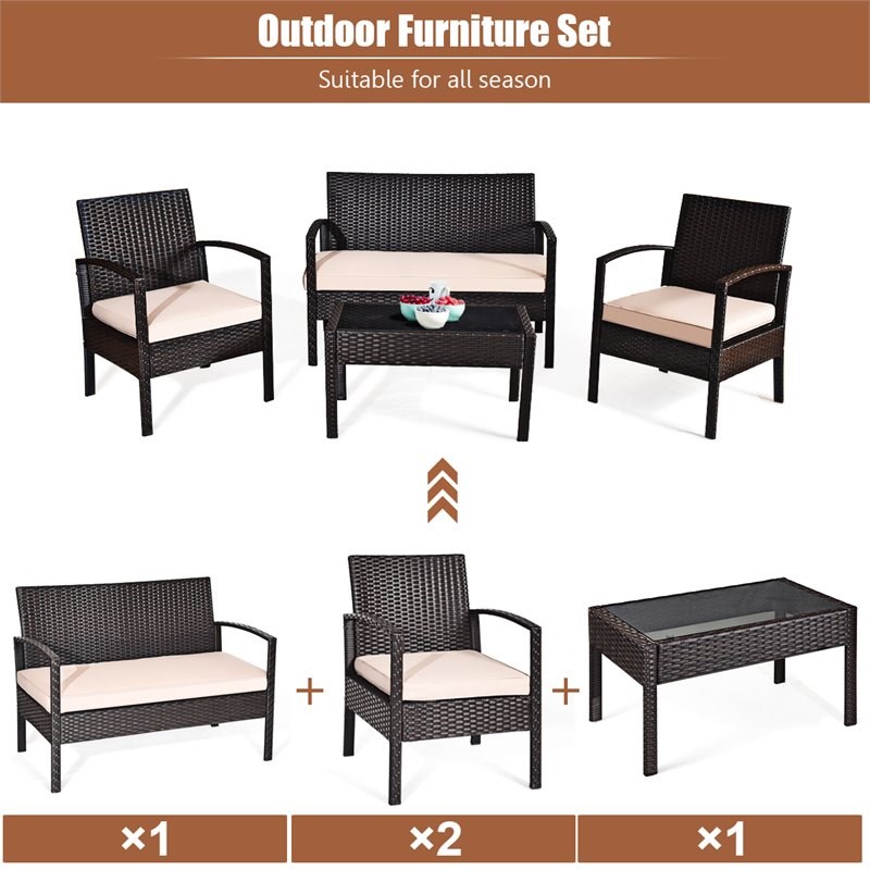 Costway 4-piece PE Rattan Patio Furniture Set with Cushioned Seat in Brown