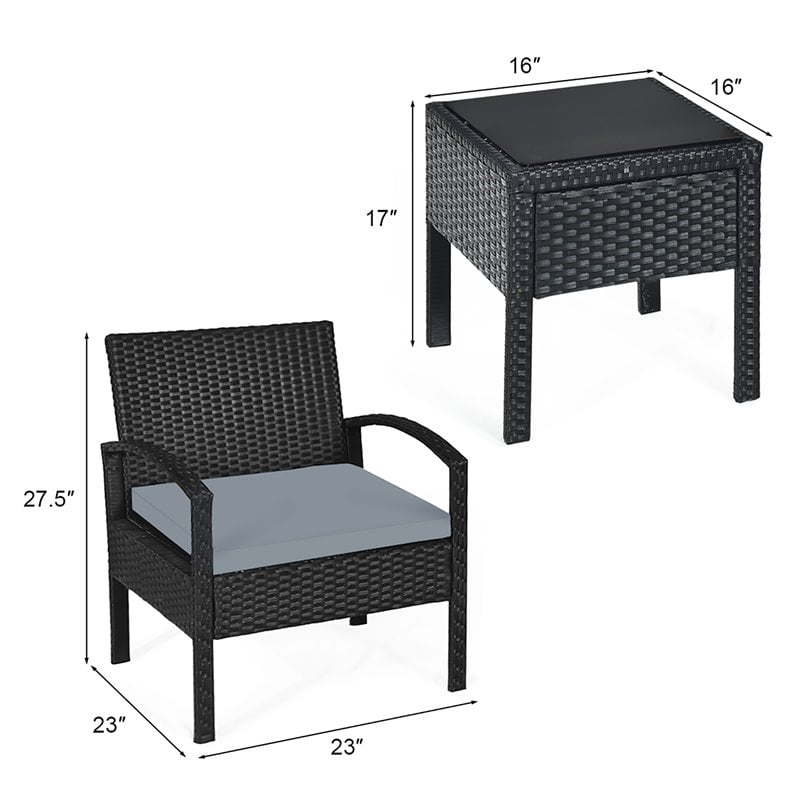 Costway 3-piece Rattan Patio Furniture Set with Seat Cushions in Gray/Black