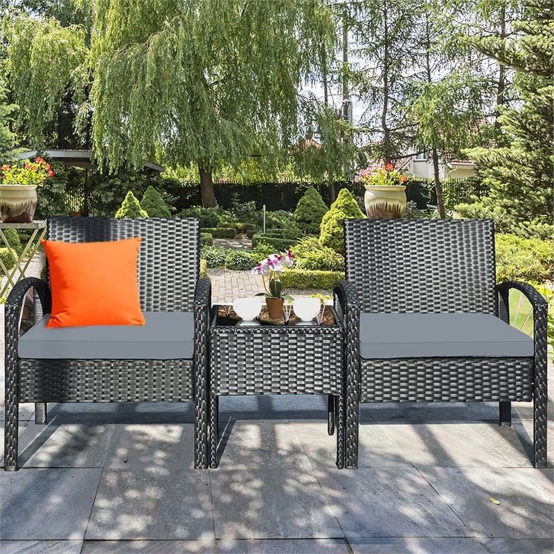 Costway 3-piece Rattan Patio Furniture Set with Seat Cushions in Gray/Black