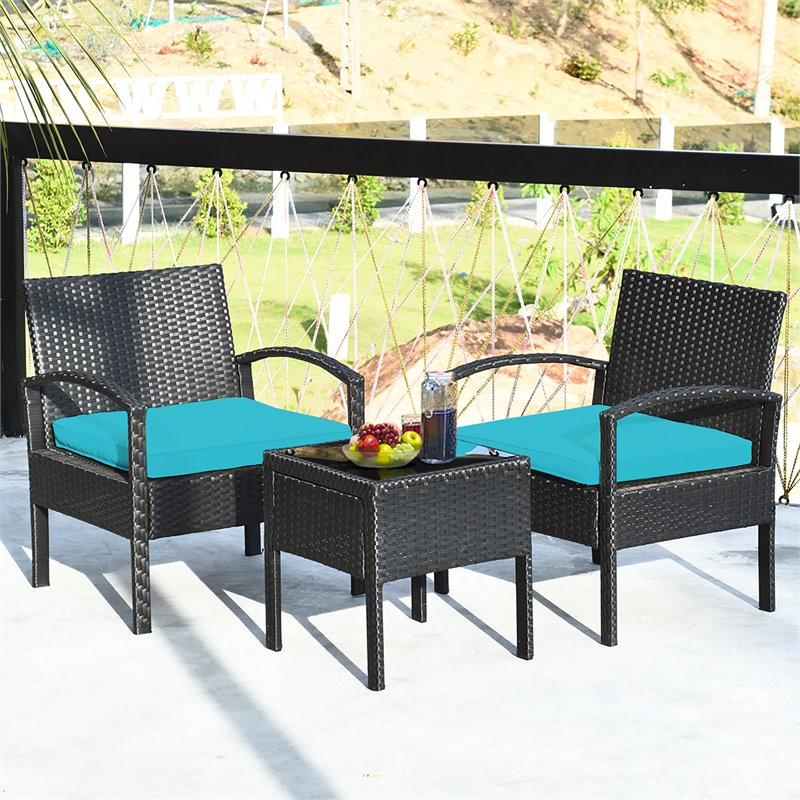 Costway 3 piece Rattan Patio Furniture Set with Seat Cushions in Turquoise Homesquare