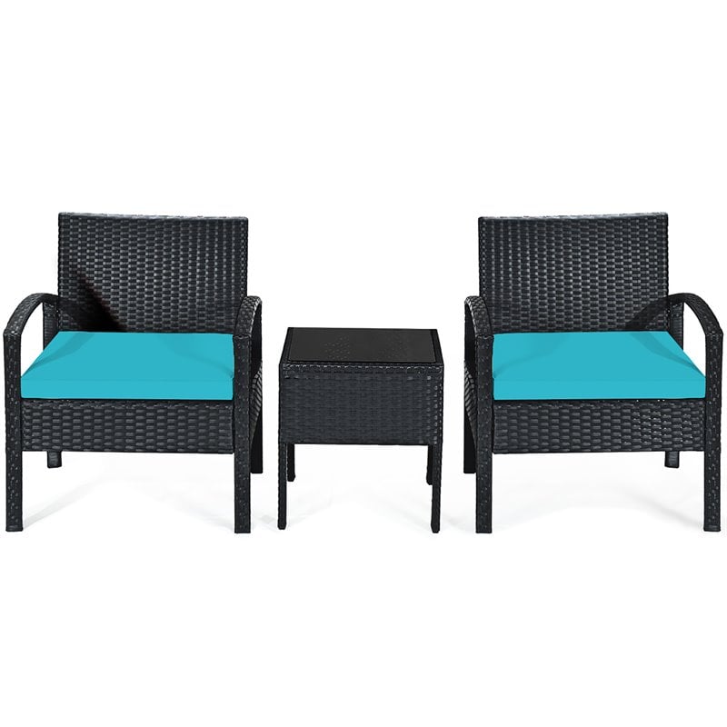Costway 3-piece Rattan Patio Furniture Set with Seat Cushions in Turquoise