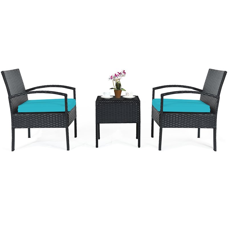 Costway 3-piece Rattan Patio Furniture Set with Seat Cushions in Turquoise