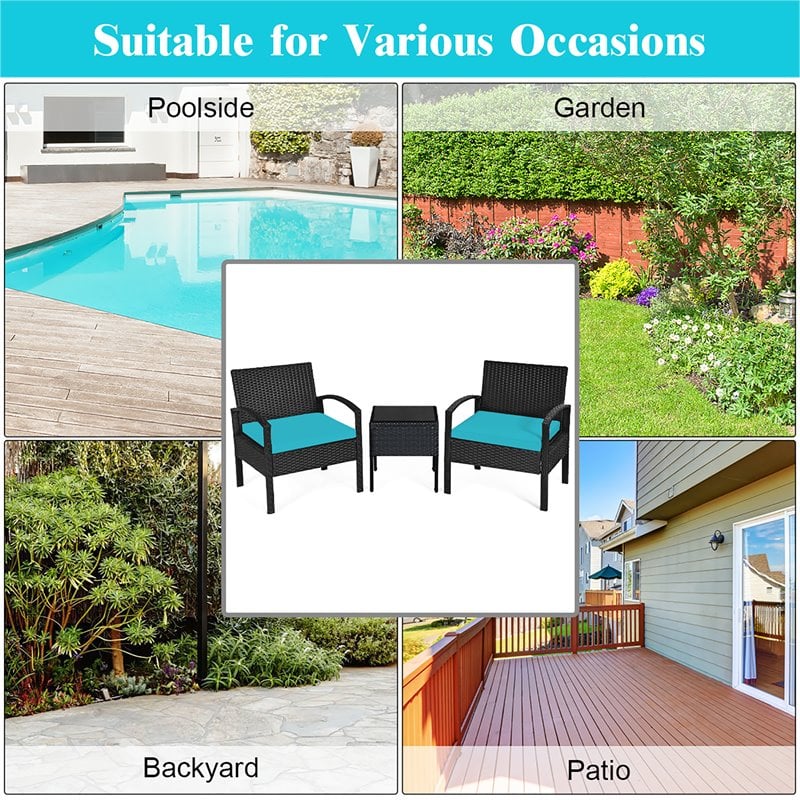 Costway 3-piece Rattan Patio Furniture Set with Seat Cushions in Turquoise