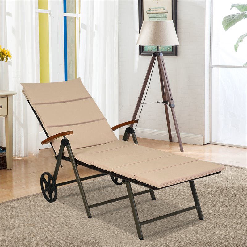 Costway Aluminum Rattan Patio Lounger Recliner Chair with Wheels in Brown
