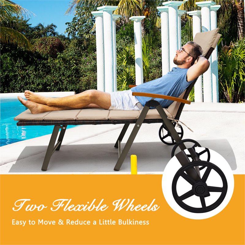 Costway Aluminum Rattan Patio Lounger Recliner Chair with Wheels in Brown