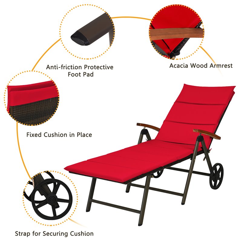 Costway Aluminum Rattan Patio Lounger Recliner Chair with Wheels in Red