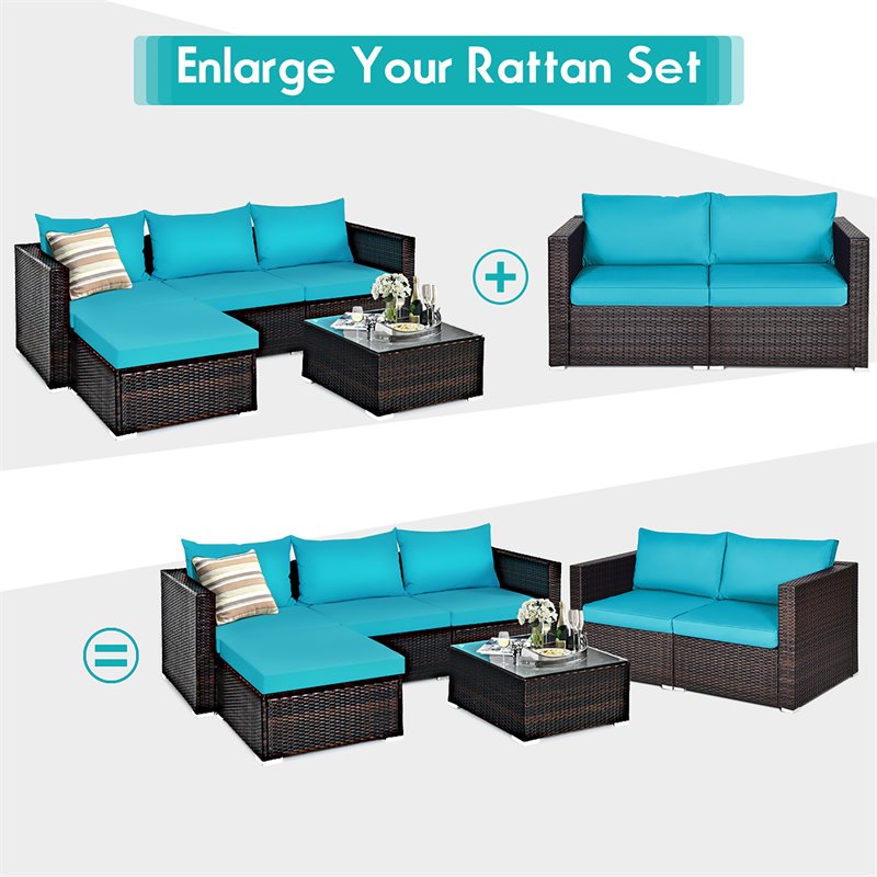 Costway 2-piece Rattan Patio Corner Sofa Set with Blue Cushion in Brown